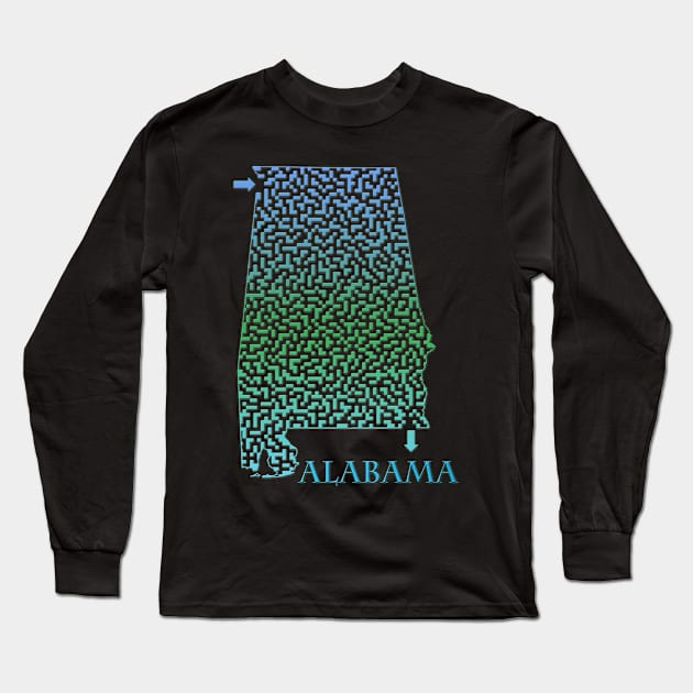 Alabama State Outline Coastal Themed Maze & Labyrinth Long Sleeve T-Shirt by gorff